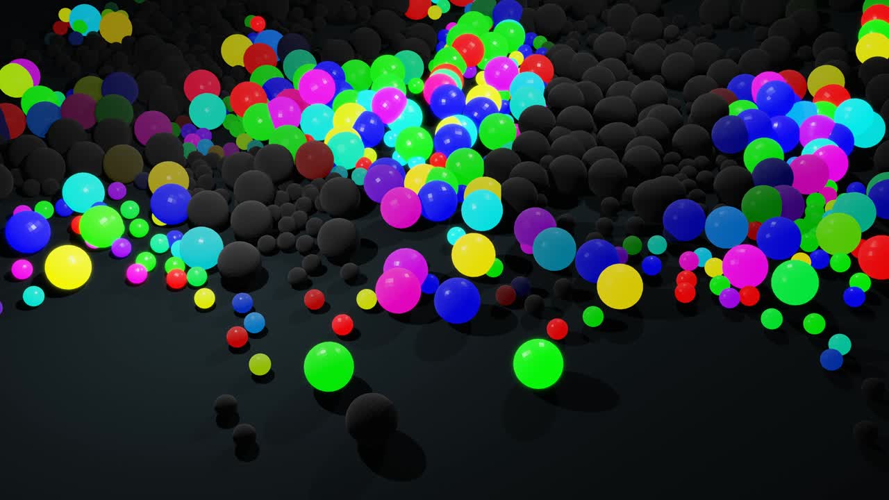 las bombillas comienzan a brillar formando un patrón como una guirlanda de navidad abstracta. las ondas multicolores corren a través de las bolas como en la guirlana de navidad, el fondo en bucle abstracto 3d con muchas esferas grises se encuentran en el plano.