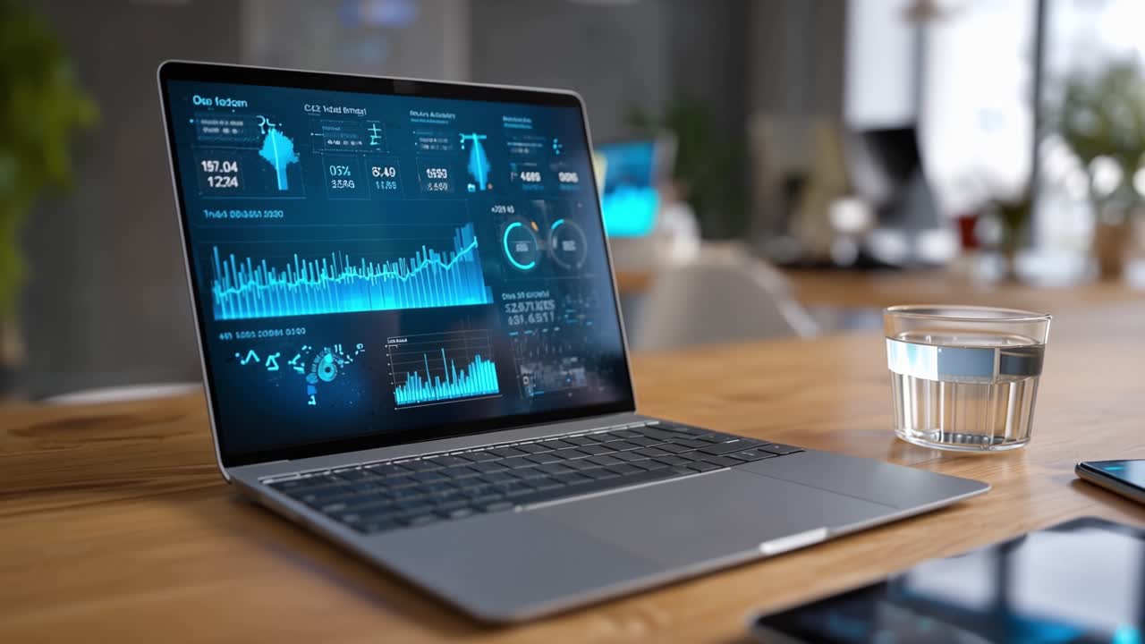 High-Tech Workspace Featuring Multiple Devices with Dynamic Data Visualizations and Analytics on Laptop, Tablet, and Smartphone, Showcasing Modern Connectivity
