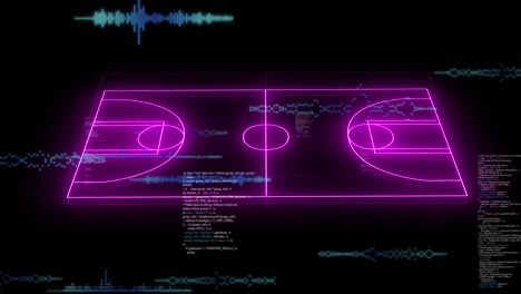 Animation-of-neon-stadium-over-data-processing-on-black-background