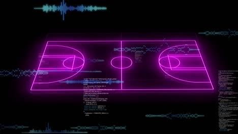 animación del estadio de neón sobre procesamiento de datos en fondo negro
