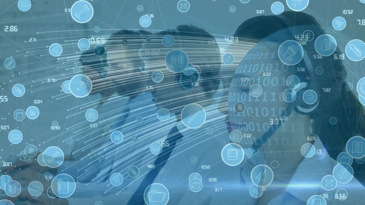 전화 헤드 ⁇ 을 사용하는 비즈니스 사람들에 대한 아이콘과 연결 네트워크의 애니메이션