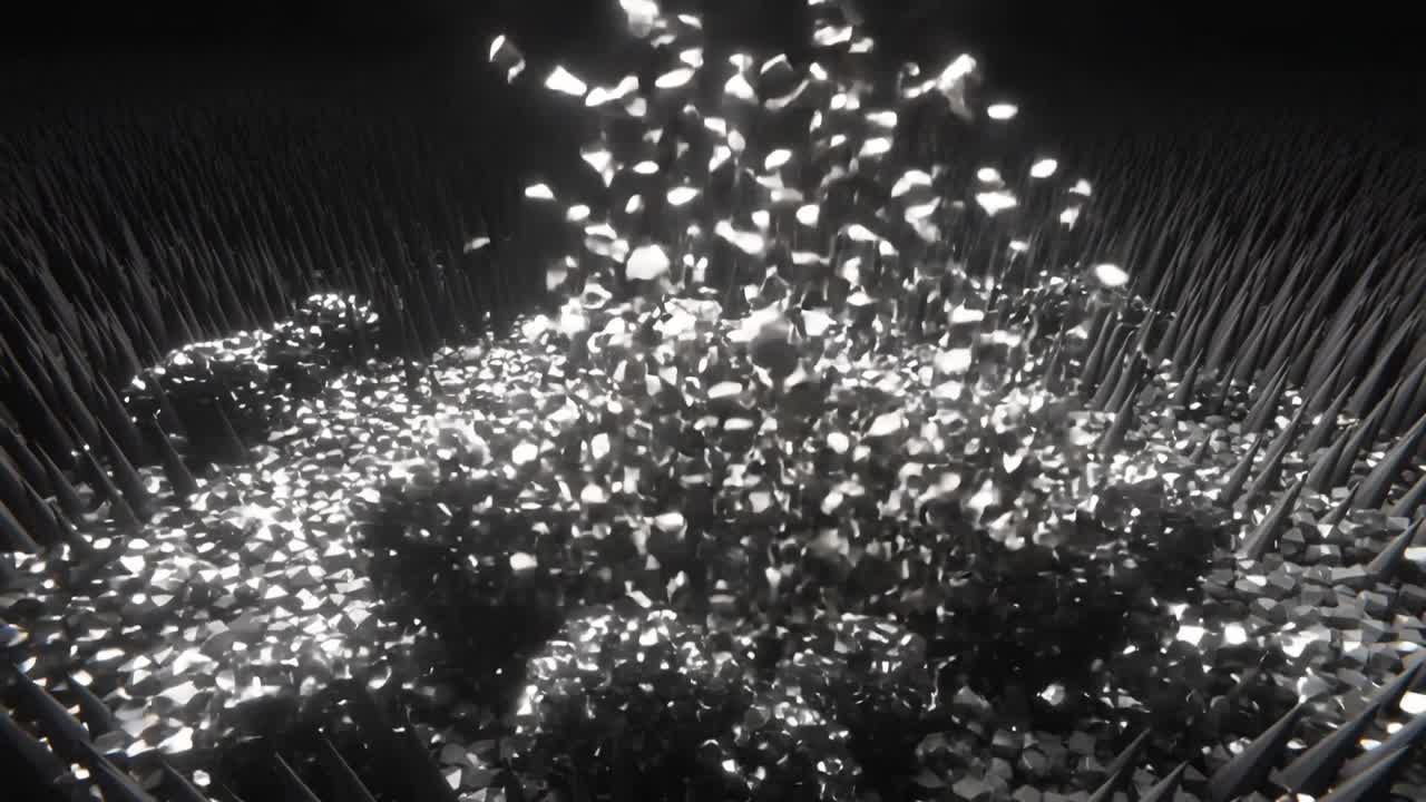 Ein strömender Emitter setzt glänzende dreieckige Splitter auf stacheligen Boden frei und bildet glitzernde Hügel