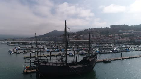 boats in port of baiona aerial view