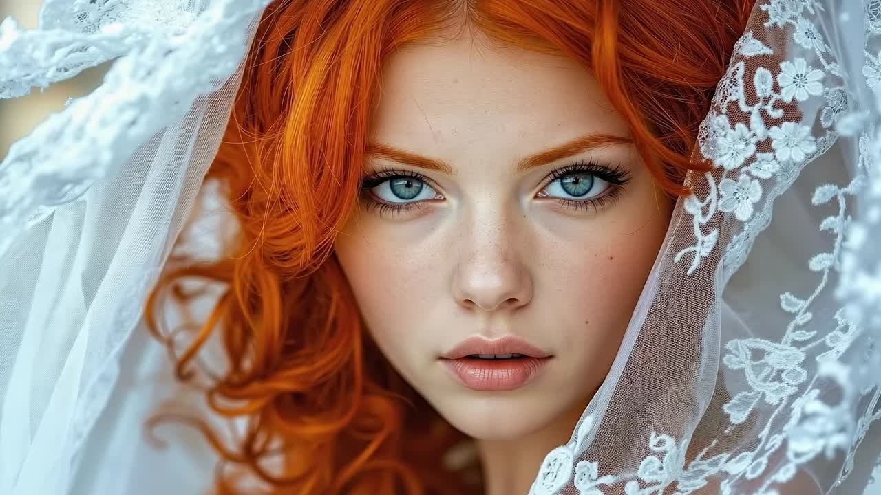A woman with red hair and blue eyes wearing a veil