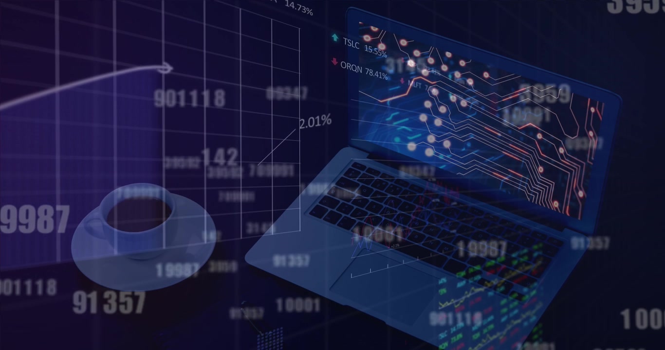 Animation of stock market data processing and changing numbers against laptop and coffee cup