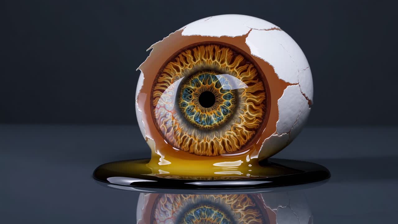 Egg cracking open revealing a realistic eye, resting on a reflective surface with a dark background, creating a surreal and unsettling atmosphere