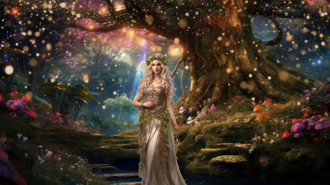 Una scena mistica di una foresta con una donna in abiti eterei, circondata da luci scintillanti