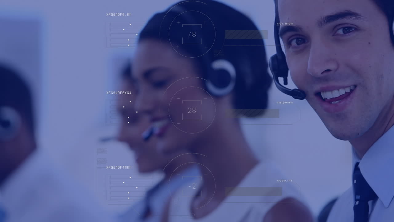 Animation of data processing over business people using phone headsets