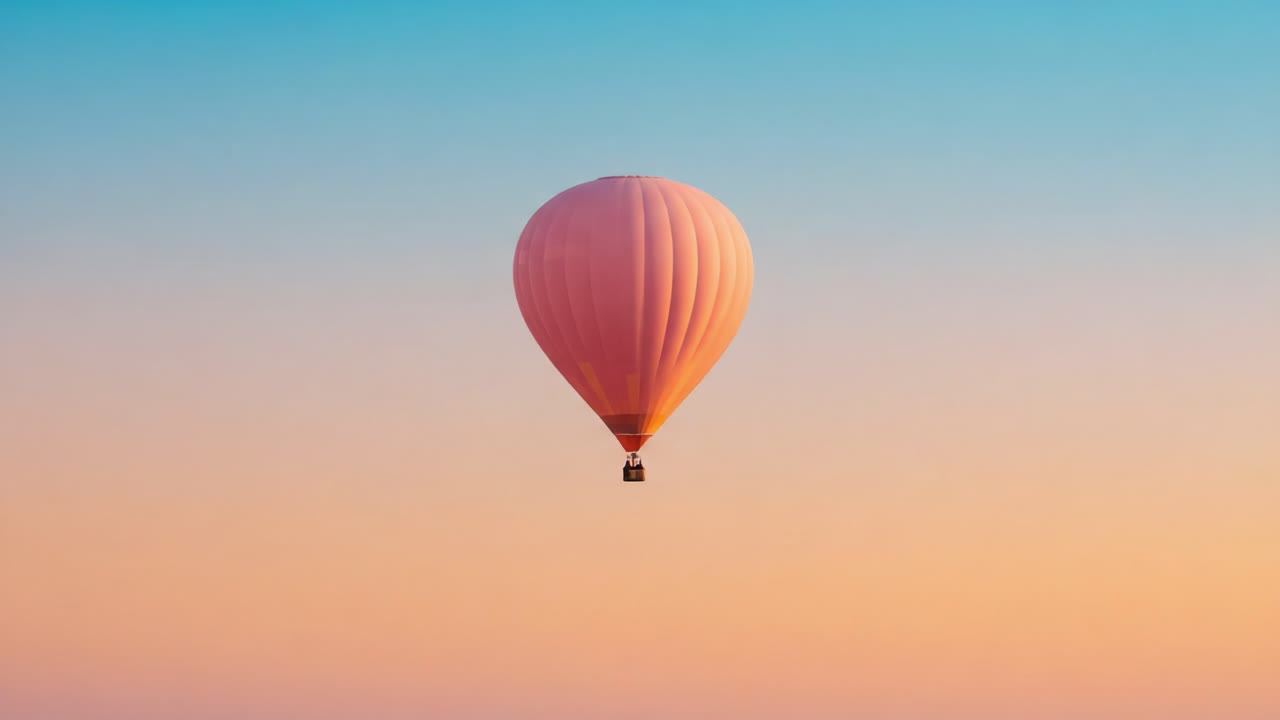 Una splendida mongolfiera che scivola nel cielo sereno all'alba, dipingendo l'orizzonte con tenui sfumature di rosa, arancione e blu, catturando l'essenza di avventure tranquille.