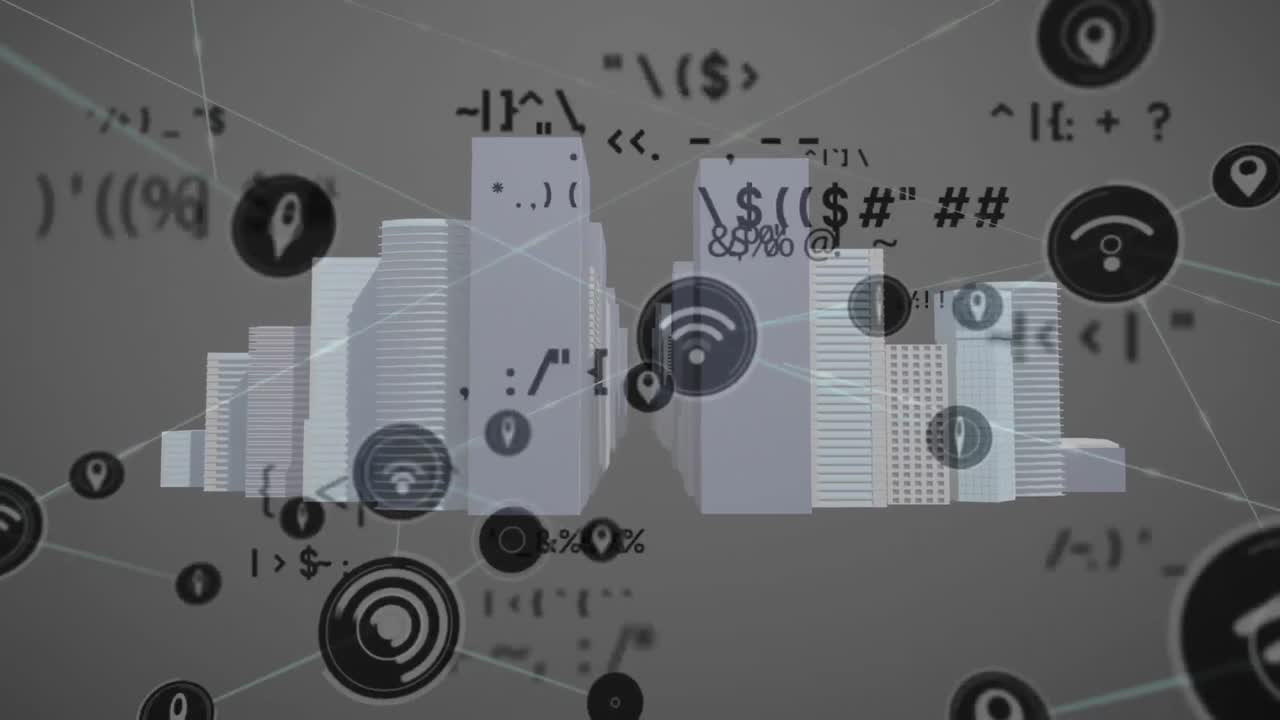 анимация обработки данных с сетью соединений по городскому пейзажу