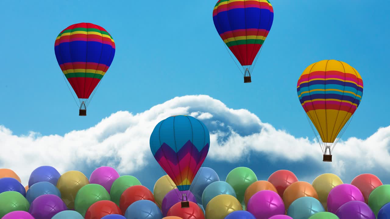 파란색 배경에 다채로운 풍선 줄을 가진 열기 풍선의 애니메이션