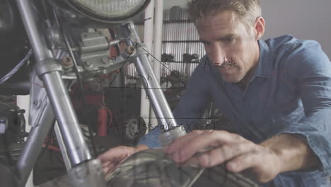 Animation of mathematical equations with man repairing wheel of his motorbike