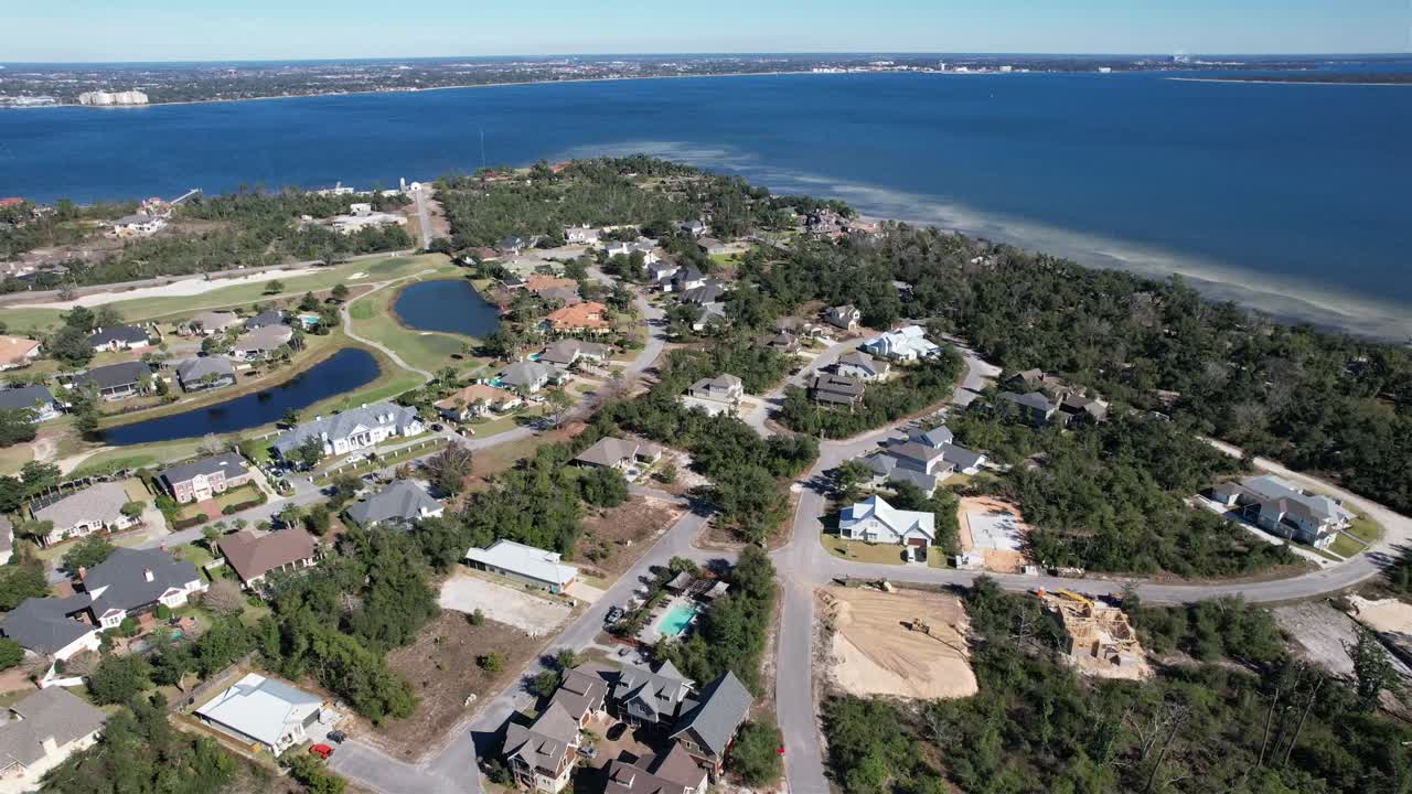 Aerial View Of Panama City Beach Neighborhood With Calm Blue Sea At Summer In Florida, USA.