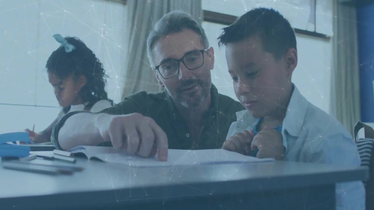 Teacher pointing at workbook, guiding boy in education, boy following finger, girl writing