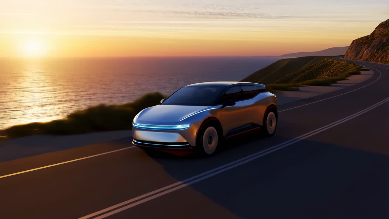 Carro elétrico moderno em uma estrada costeira ao pôr do sol