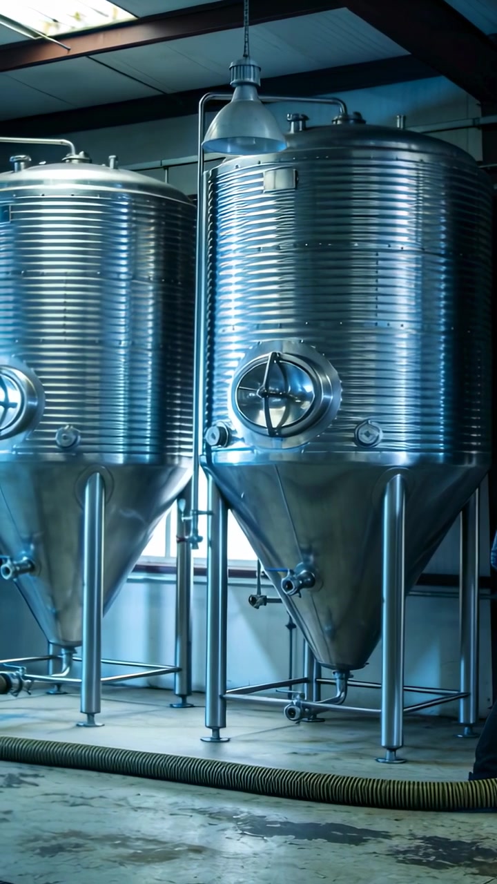 Vertical video: Panning camera revealing right-hand conical tank in brewery, showing yellow hose