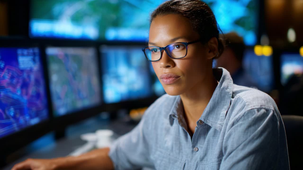 Fokuseret, professionel overvågning af data på flere skærme i et højteknologisk kontrolrum, der viser metrics og visuelle elementer med intens koncentration og ekspertise