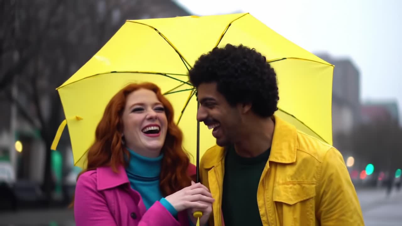Couple Enjoys a Rainy Day Under a Bright Yellow Umbrella in a City Street