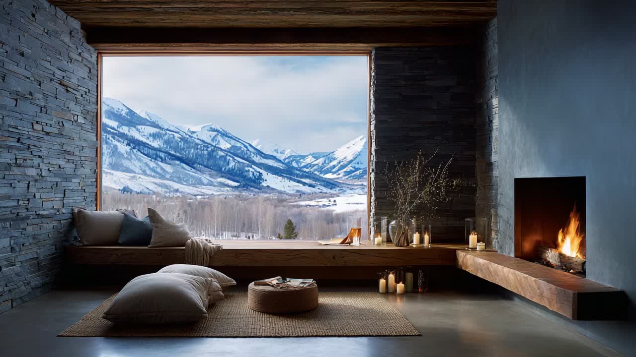 Cozy Mountain Retreat: A Serene Living Space with Stunning Views of Snow-Covered Peaks and a Warm Fireplace Embellished with Candles and Soft Textures, Creating an Inviting Atmosphere for Relaxation