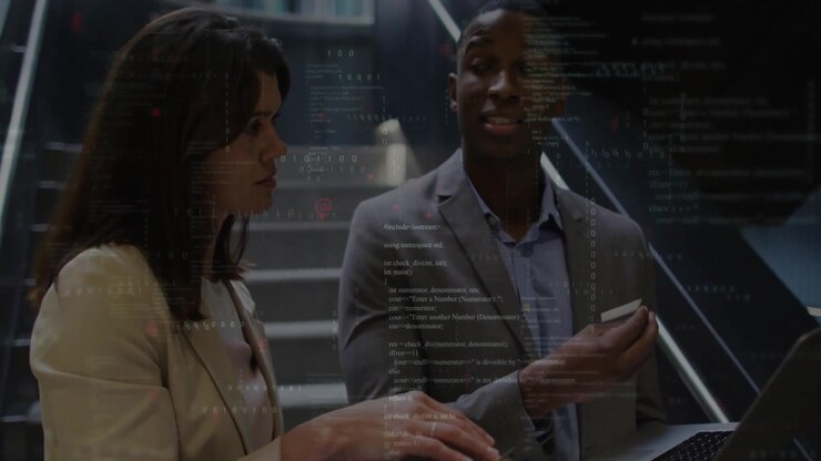 Programming code animation over business professionals discussing work on staircase