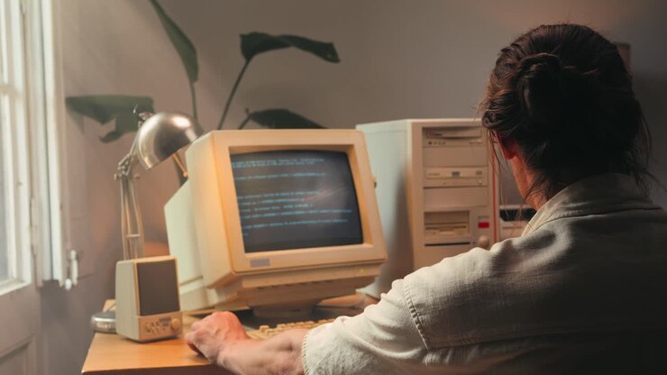 Man working and gaming on retro computer PC, IT engineer with vintage computer at home, using old fashion technology, close up of retro setup.