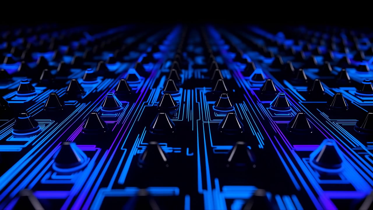Abstract dark digital surface with glowing blue and purple circuit-like lines and raised nodes, viewed from a low angle with shallow depth of field and moody low light