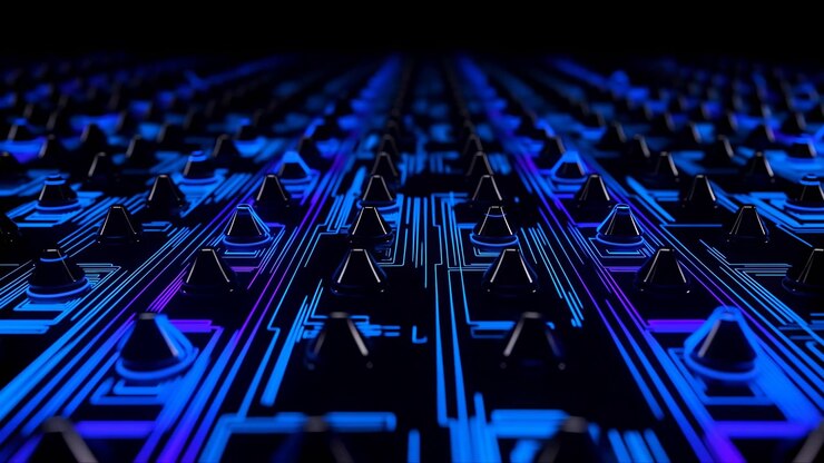 Abstract dark digital surface with glowing blue and purple circuit-like lines and raised nodes, viewed from a low angle with shallow depth of field and moody low light