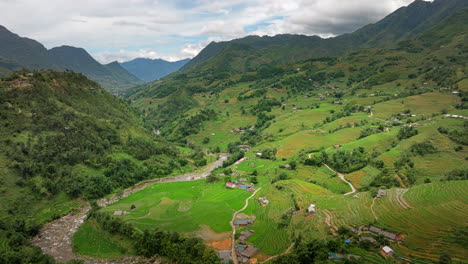 Breathtaking Landscape Of Sa Pa Town In The Hoàng Liên Son Mountains of Northwestern Vietnam. Aerial Drone Shot