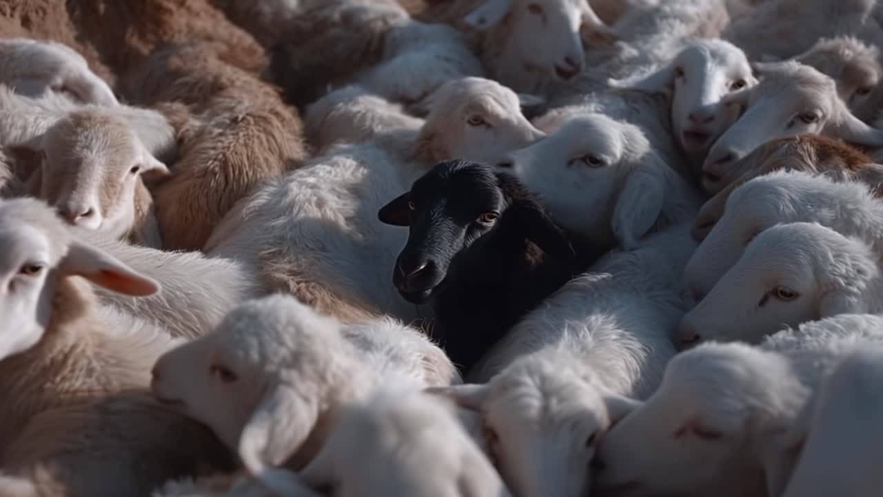 A striking contrast in a sea of sheep, showcasing a lone black sheep amidst a flock of white, highlighting individuality and the beauty of uniqueness in nature