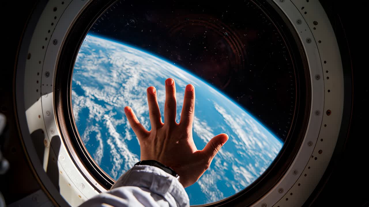 An astronauts hand reaches from the space window touching the cosmos and evoking wonder
