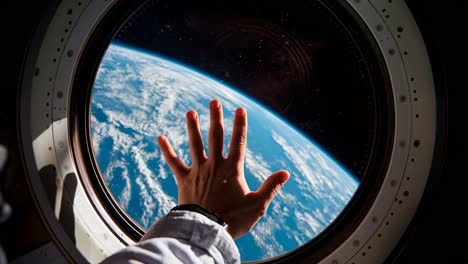 an astronauts hand reaches from the space window touching the cosmos and evoking wonder