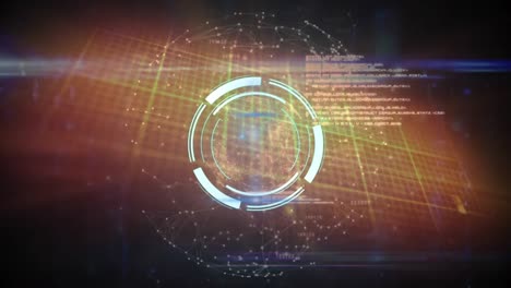 Animation-Eines-Neon-Rundscanners-Und-Eines-Globus-Mit-Netzwerkverbindungen-Vor-Schwarzem-Hintergrund