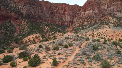 Drone-Shot-of-ATV-Vehicle-Moving-on-Trail-Between-Bushes-in-Desert-Landscape-of-Zion-National-Park,-Utah-USA