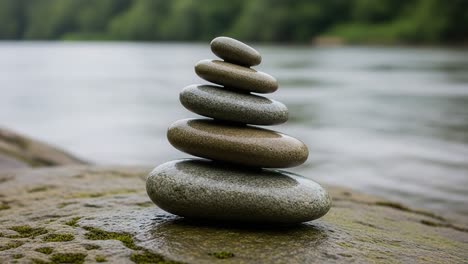 a tranquil stack of smooth stones balanced harmoniously by the riverbank, reflecting nature's serenity and sculpting the environment through mindful arrangement