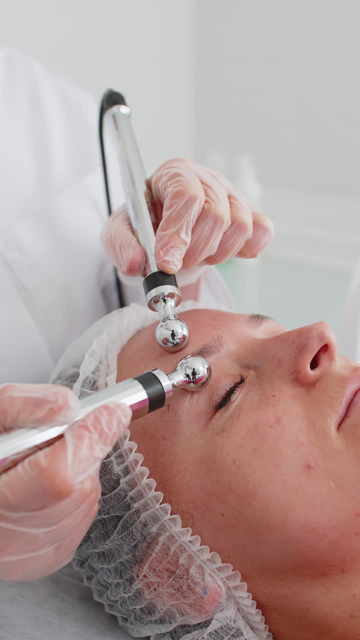 La dottoressa estetista fa la terapia del viso con micro correnti usando impulsi elettrici nel salone termale.