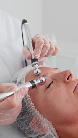 beautician doctor makes woman micro currents face therapy using electrical impulses in spa salon