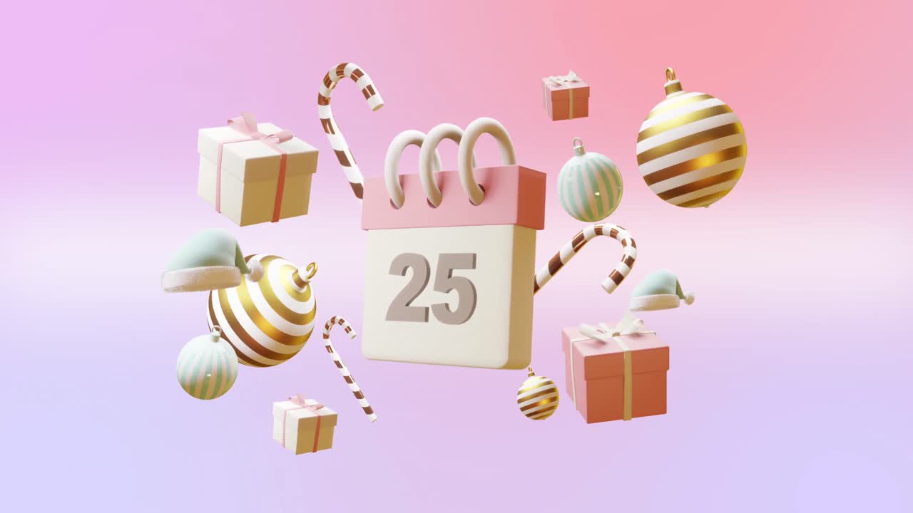 Animazione di calendario con numero 25 e decorazioni natalizie su sfondo rosa