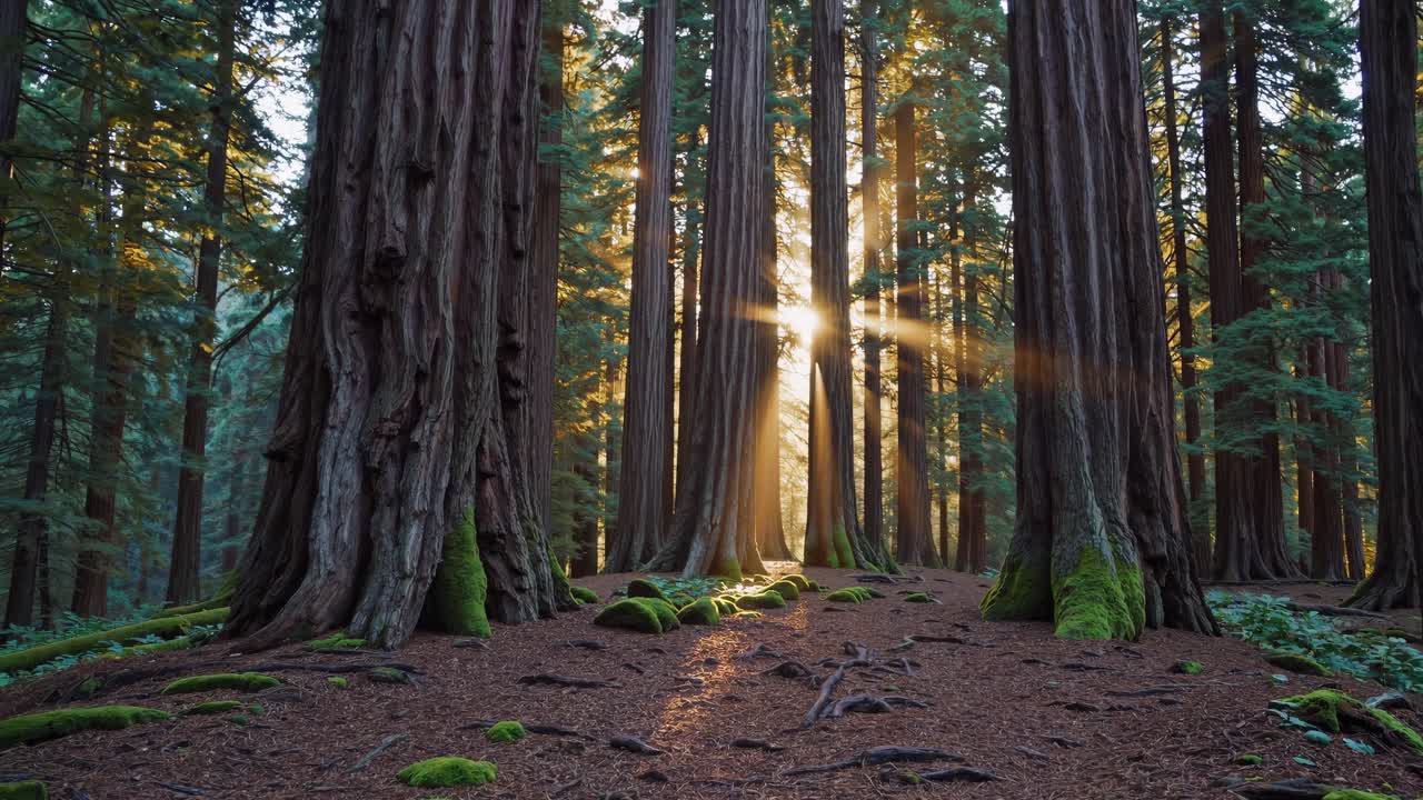 A serene forest scene with sunlight streaming through tall trees, captured from a low angle