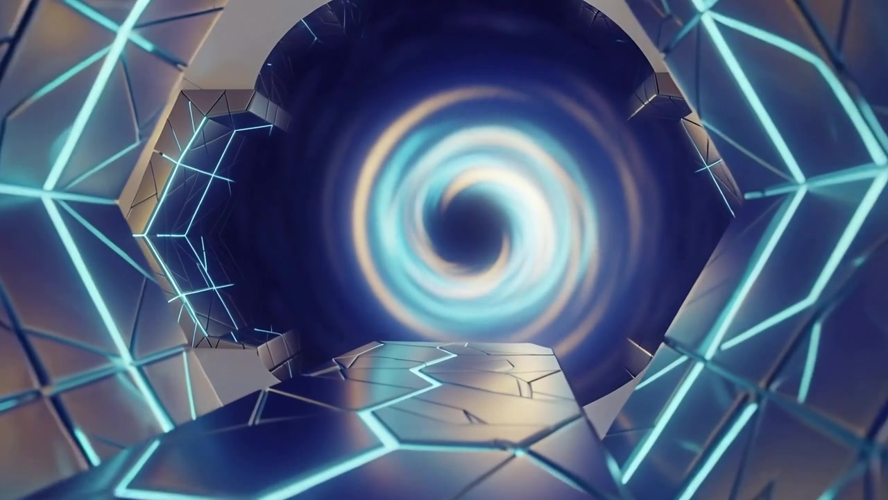Moving camera revealing hexagonal tunnel and lit walkway in sci-fi chamber, approaching cyan vortex