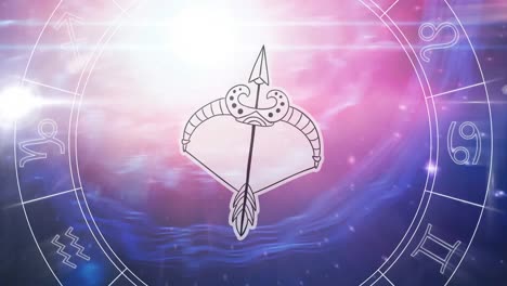 animation of spinning star sign wheel with saggitarius sign and stars