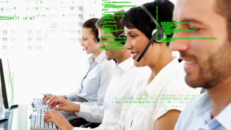 Animation-of-financial-data-processing-over-people-wearing-phone-headsets