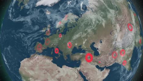 animación de propagación de la enfermedad del mapa del virus de la corona en el globo terrestre desde el este hasta el fondo de video de ee. uu. en 4k