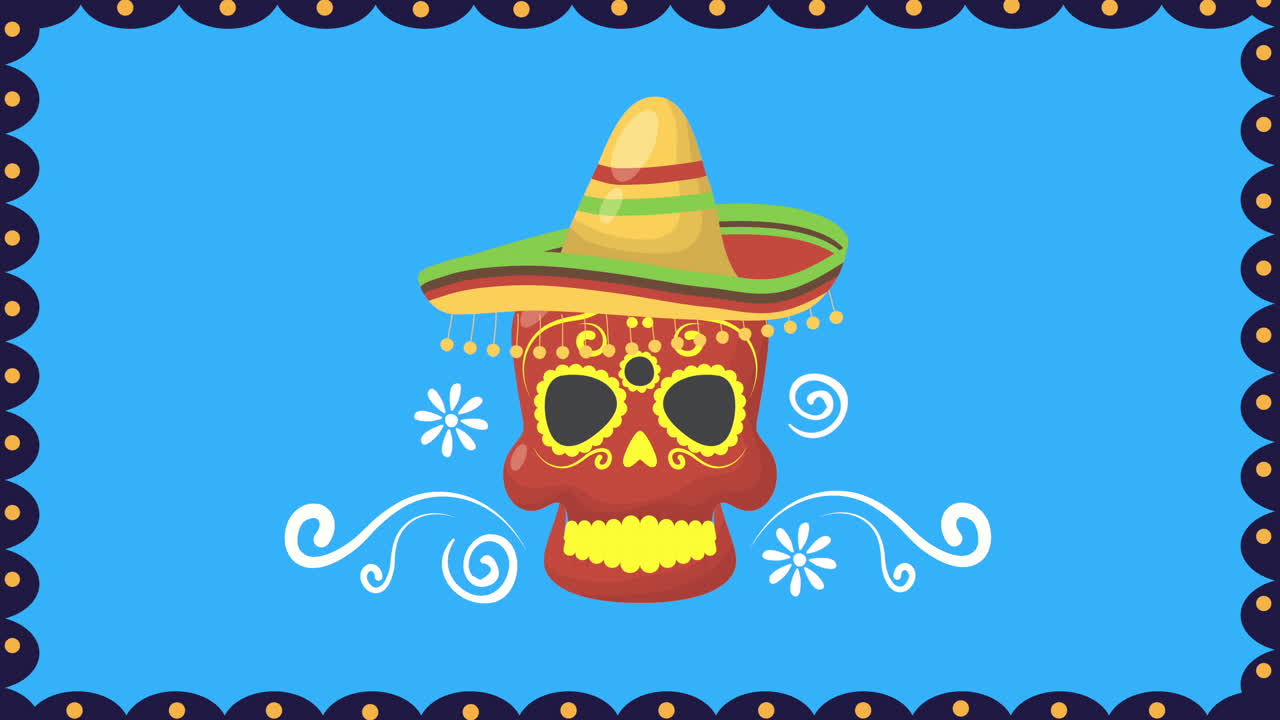 두개골 마스크와 멕시코 모자와 함께 dia de los muertos 애니메이션