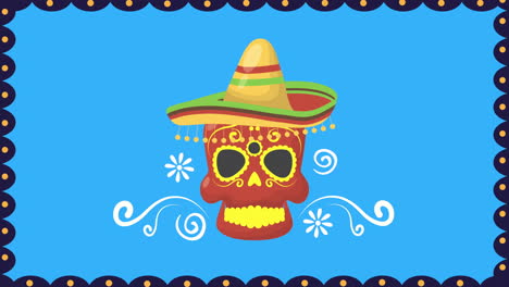 dia de los muertos animation with skull mask and mexican hat