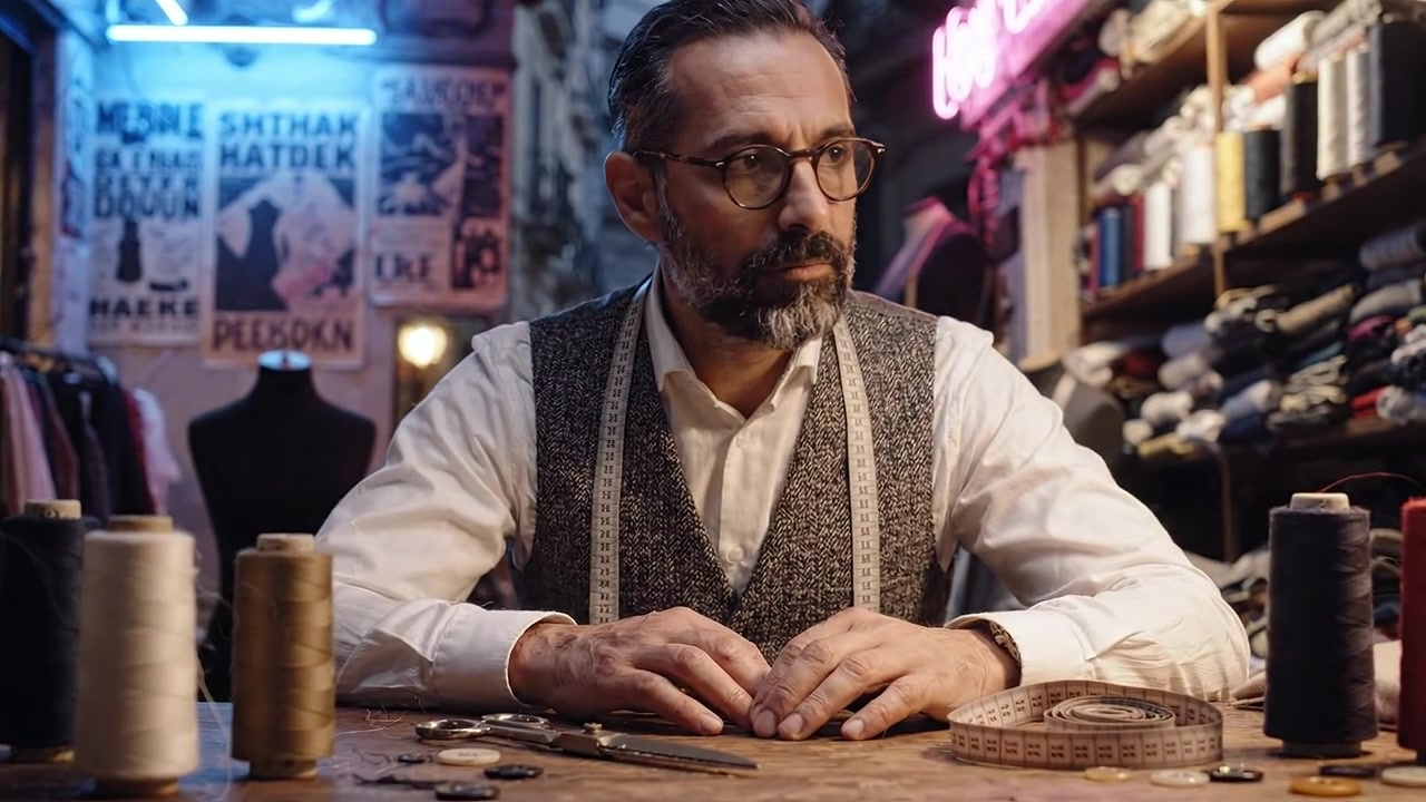 Un sarto esperto che perfeziona la sua arte tra tessuti colorati e strumenti da sartoria in un'ambientazione di negozio vintage.