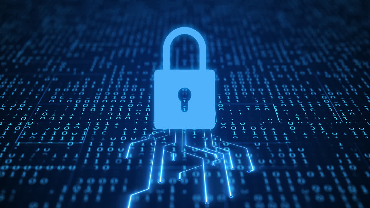 Cyber Security Lock Icon on Binary Code Background