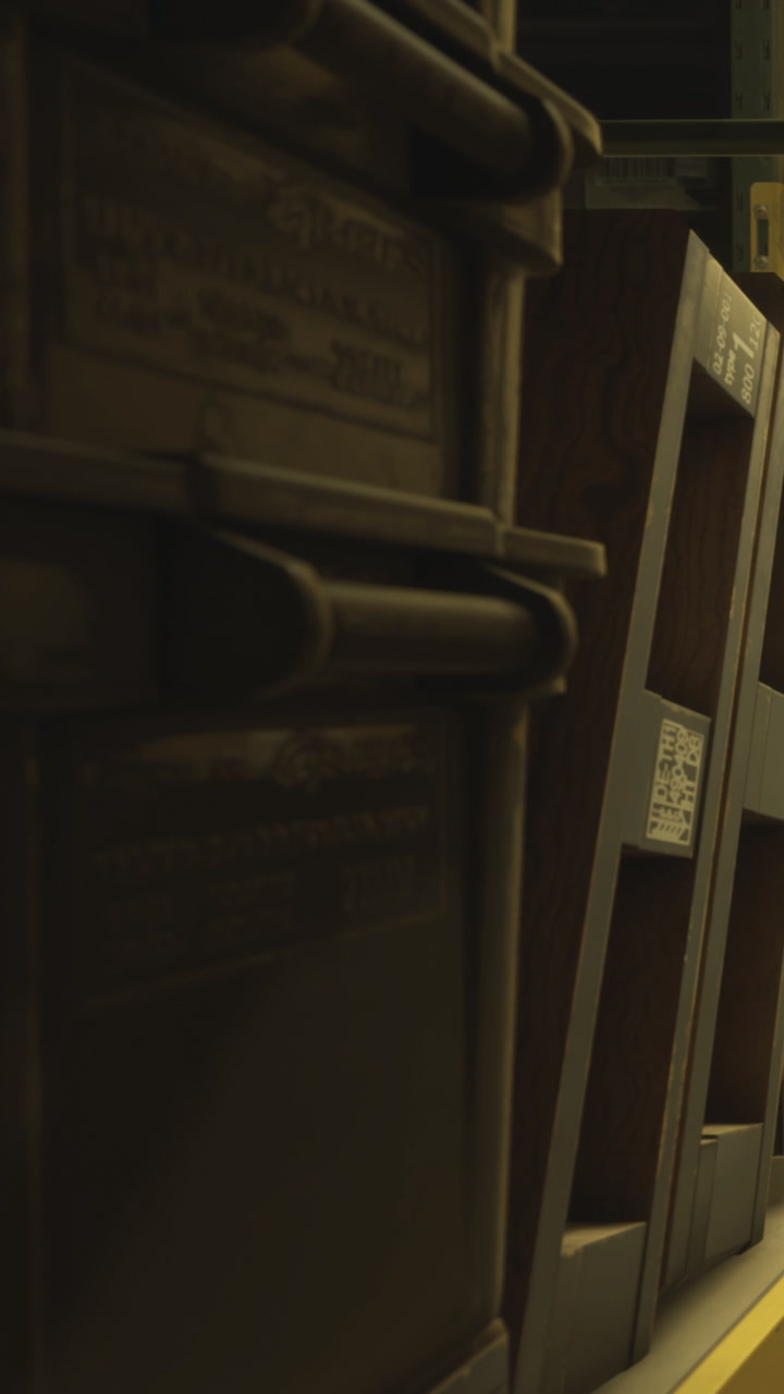 Stacked boxes in a dimly lit storage area showing various symbols