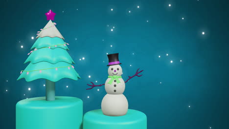 animación del árbol de navidad y el muñeco de nieve sobre la nieve que cae sobre un fondo azul