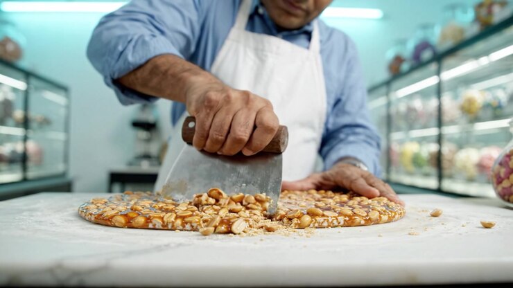 A Confectionery Artisan Skillfully Slices Through A Deliciously Crunchy Peanut Brittle, Showcasing Expert Craftsmanship In Candy Creation.
