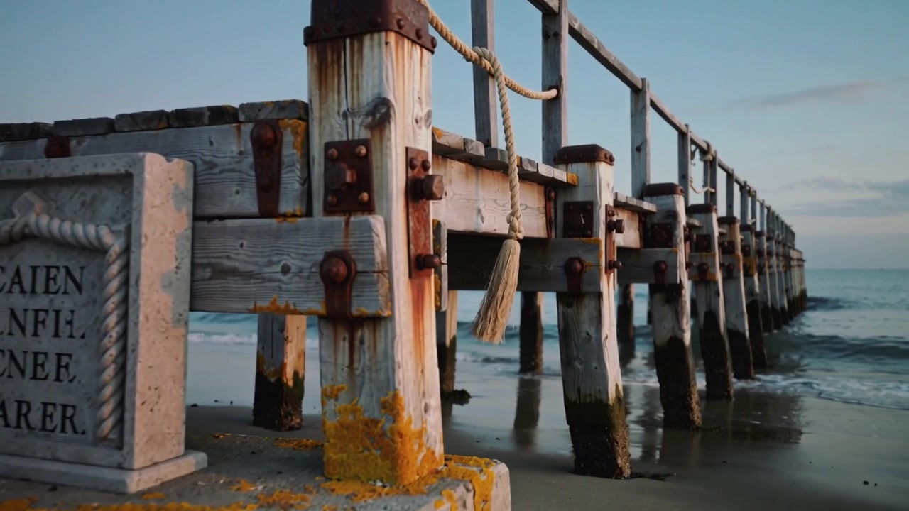 Panning camera moving right and lowering across weathered jetty at shoreline, revealing rope tassel